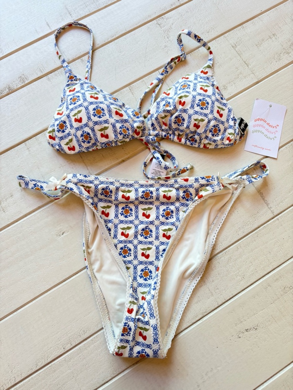 Dippin' Daisy's Cream Bikini with Blue Floral & Red Cherry Print